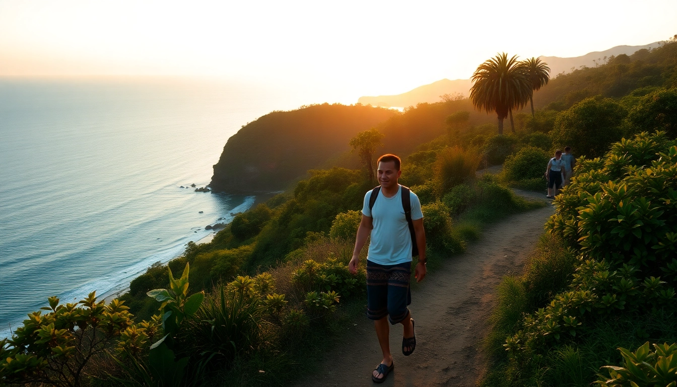 Engaging Lombok guide leading travelers through lush jungle to scenic viewpoint, showcasing natural beauty and local expertise.