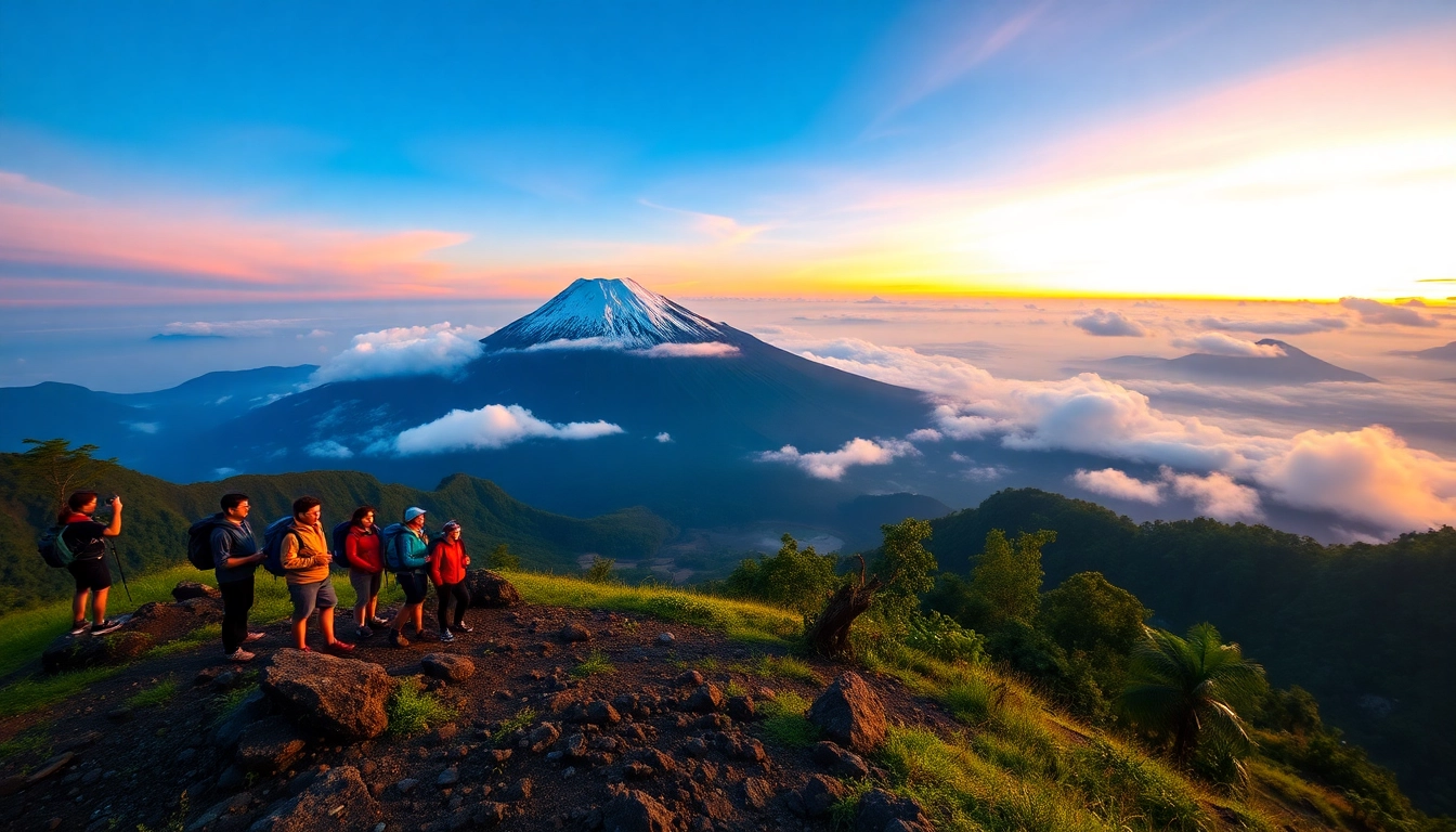 Hikers enjoying the sunrise view of Mount Rinjani from Lombok, Indonesia