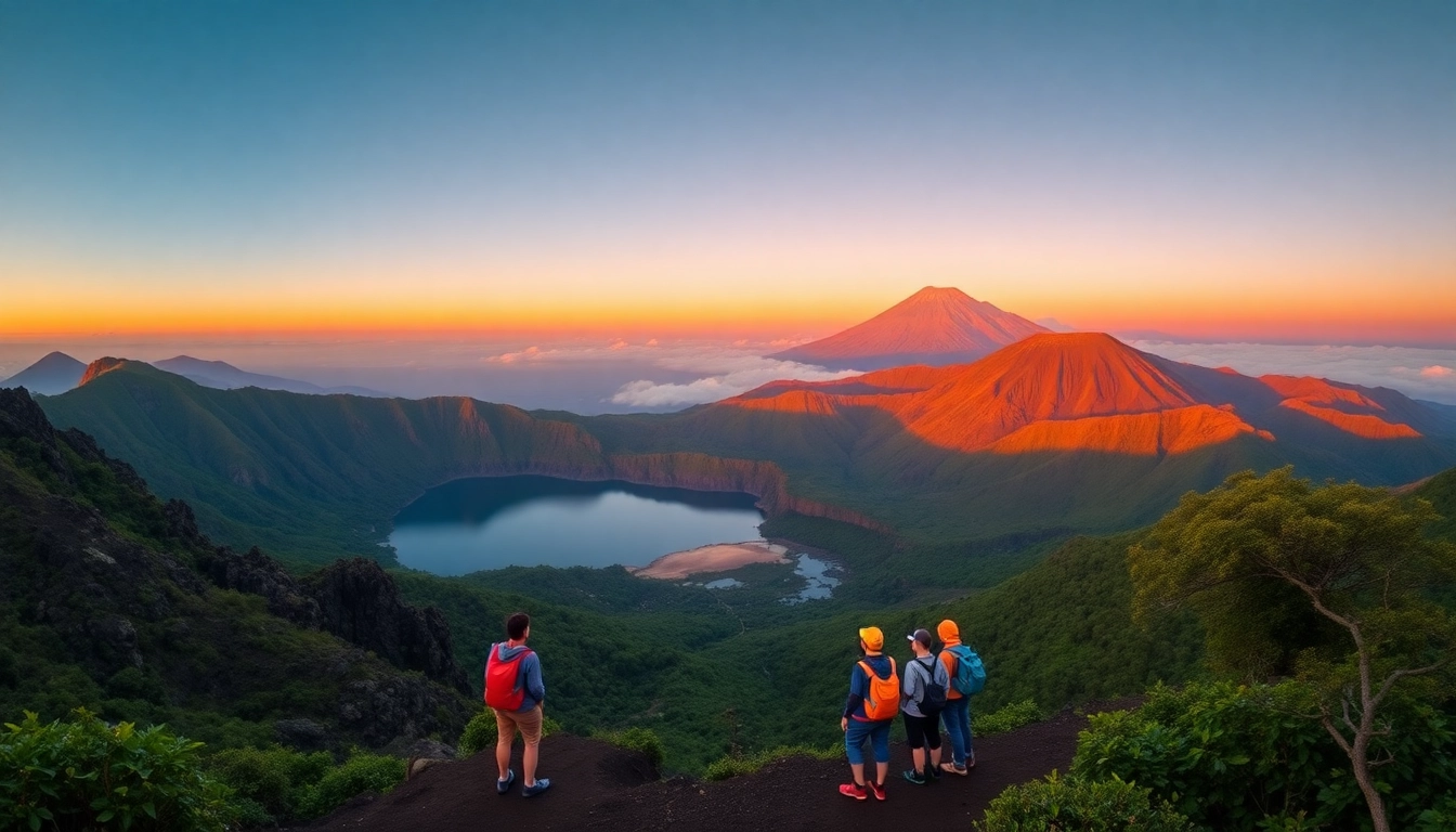 A panoramic sunrise view of Mount Rinjani with hikers in the foreground, lush green forests, and a vibrant crater lake.