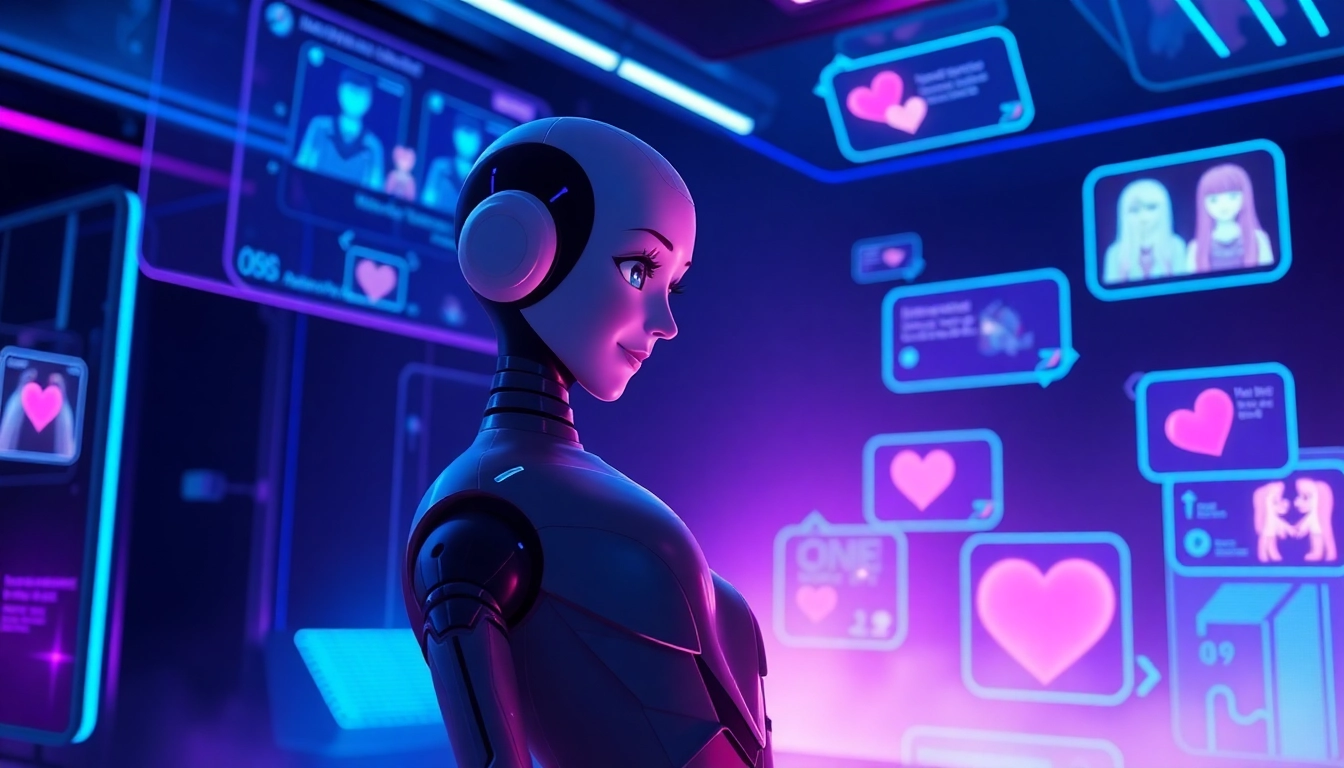 Futuristic AI chat interface with an expressive digital character and vivid holographic visuals in a neon-lit environment.