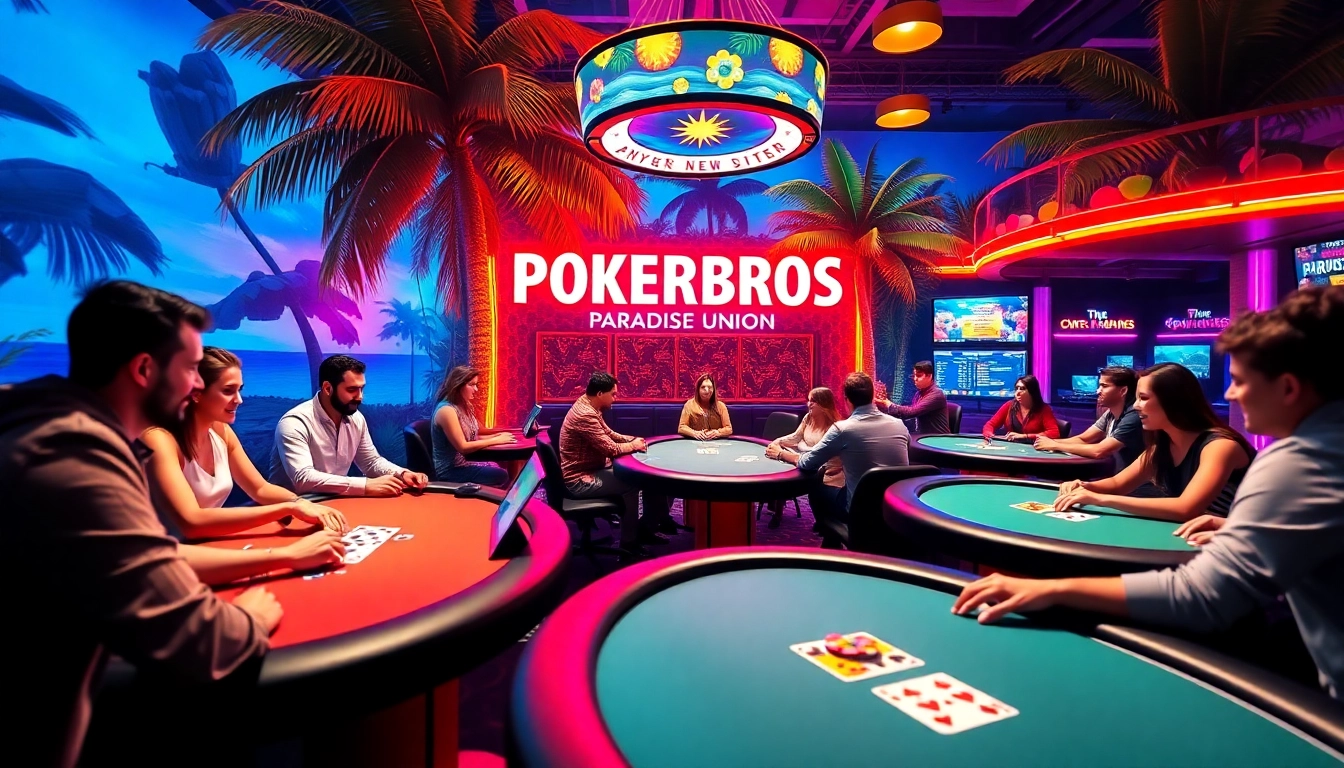 Pokerbros Paradise Union online poker community with players enjoying games in a lively, tropical-themed setting for engaging gameplay.