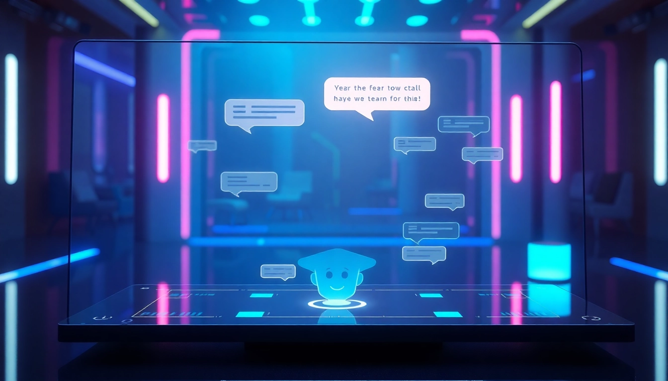 Futuristic AI chat interface with holographic avatar and glowing digital environment.