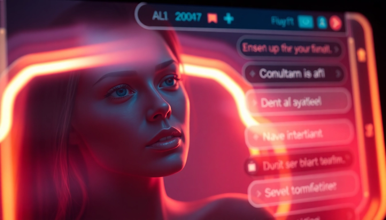 Engaging nsfw ai chat interaction with a realistic AI companion in a sleek, intimate digital environment, highlighting immersive communication.