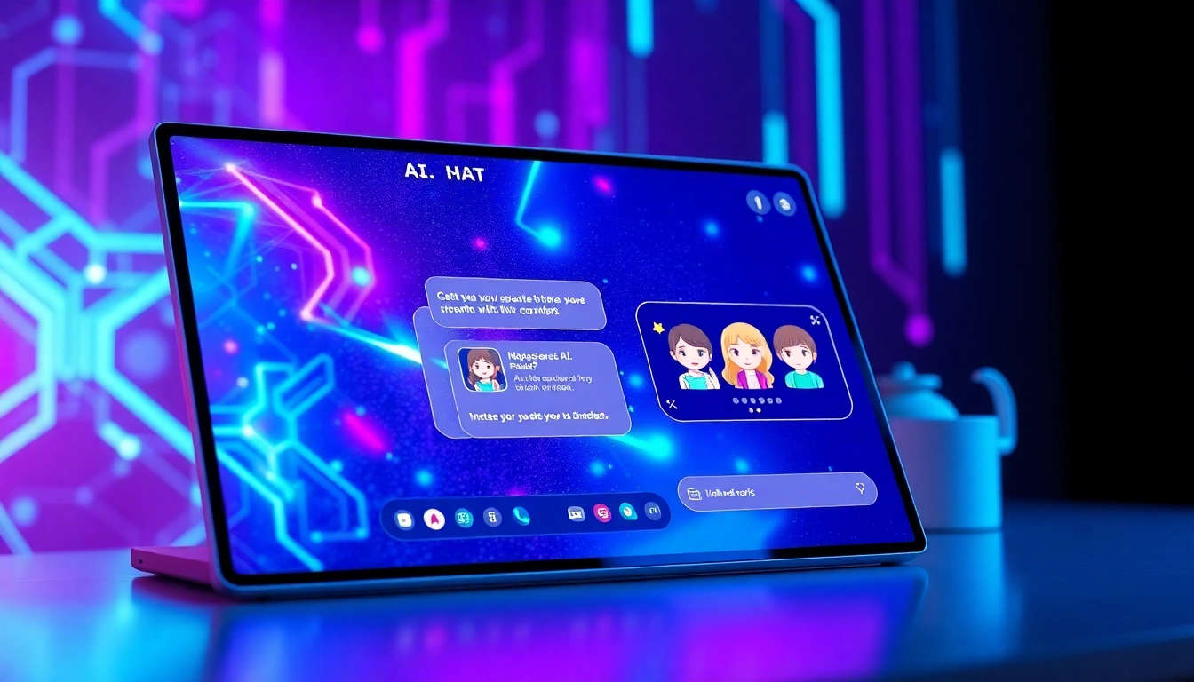 Futuristic AI chatbot interface on a modern screen with colorful high-tech background and customizable characters