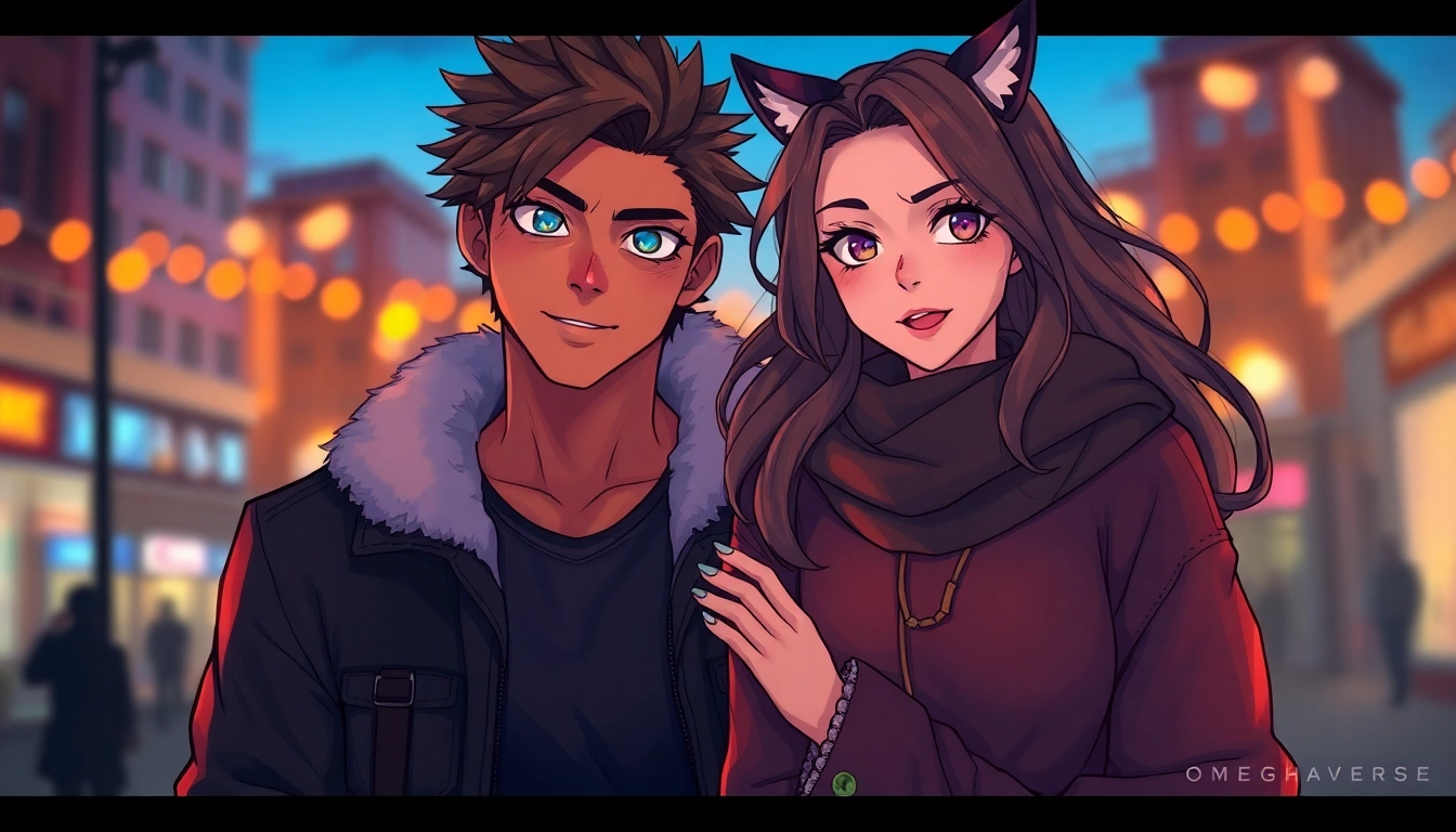 Illustration of an alpha male and omega female in a city at dusk, highlighting the emotional and dynamic aspects of the Omegaverse universe.