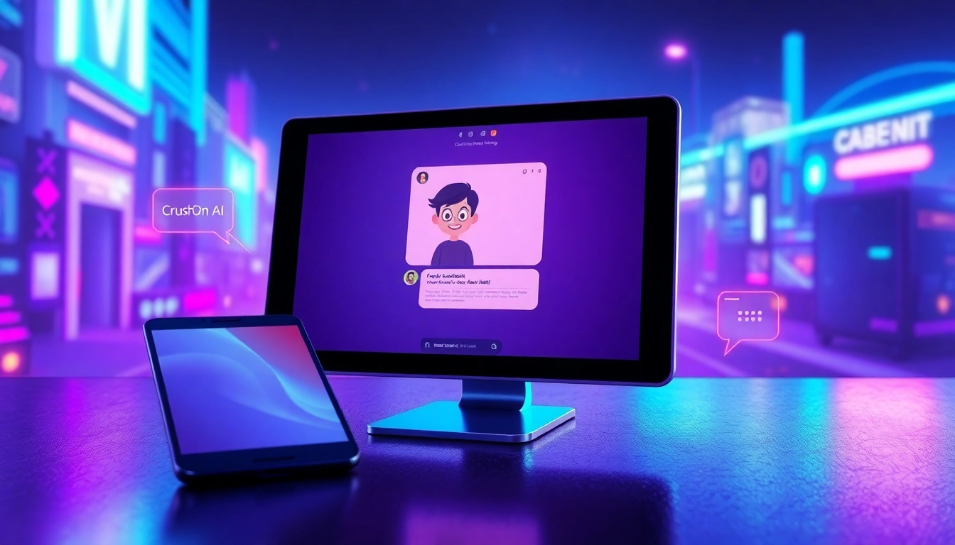 Futuristic chat interface on smartphone and computer with neon cityscape background, showcasing AI conversation experience.