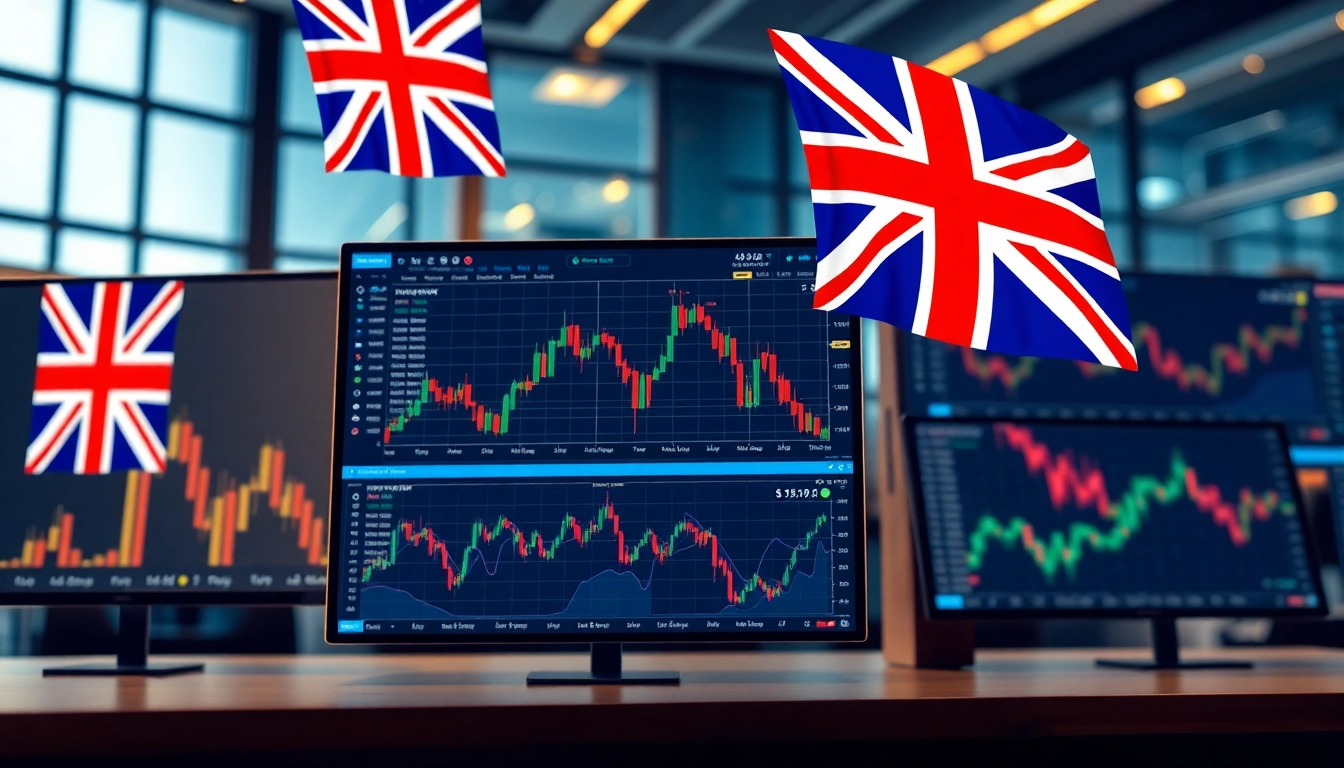 Professional trader using online stock trading UK platform on desktop with UK stock charts and