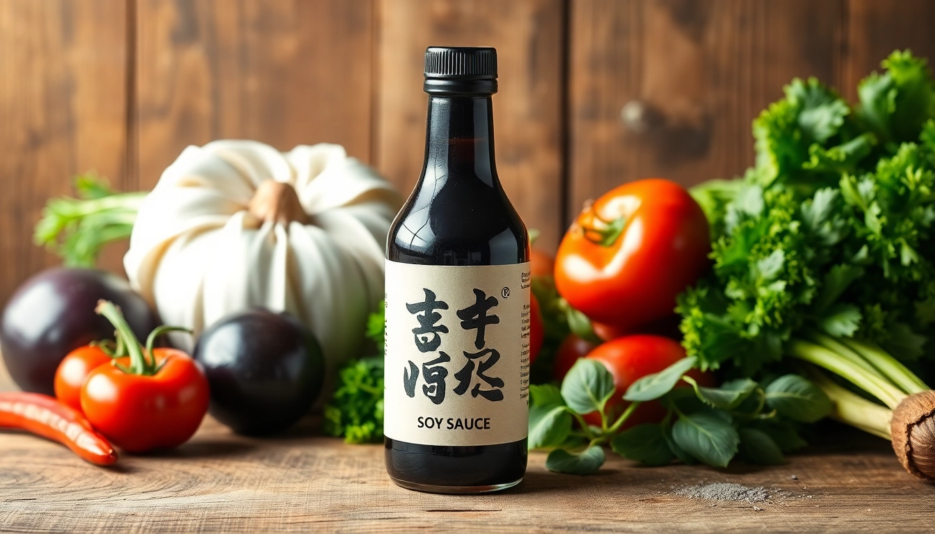 High-quality Light Soy Sauce bottle with fresh ingredients on rustic background for authentic