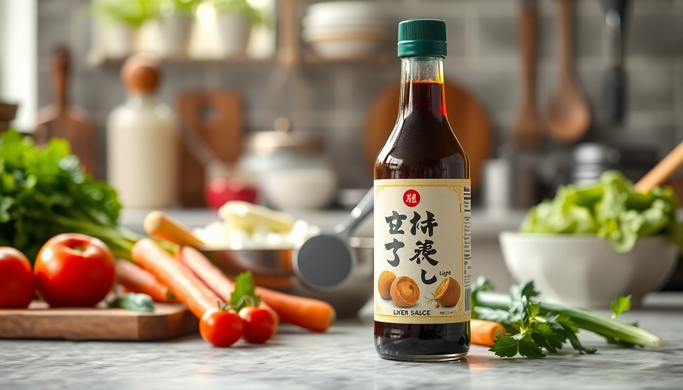 High-quality Light Soy Sauce bottle with fresh vegetables on a rustic kitchen counter in